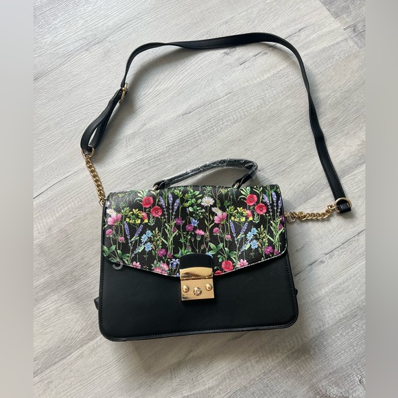 IMAN Global Chic Convertible Black Satchel with Floral Embroidery - Picture 1 of 7